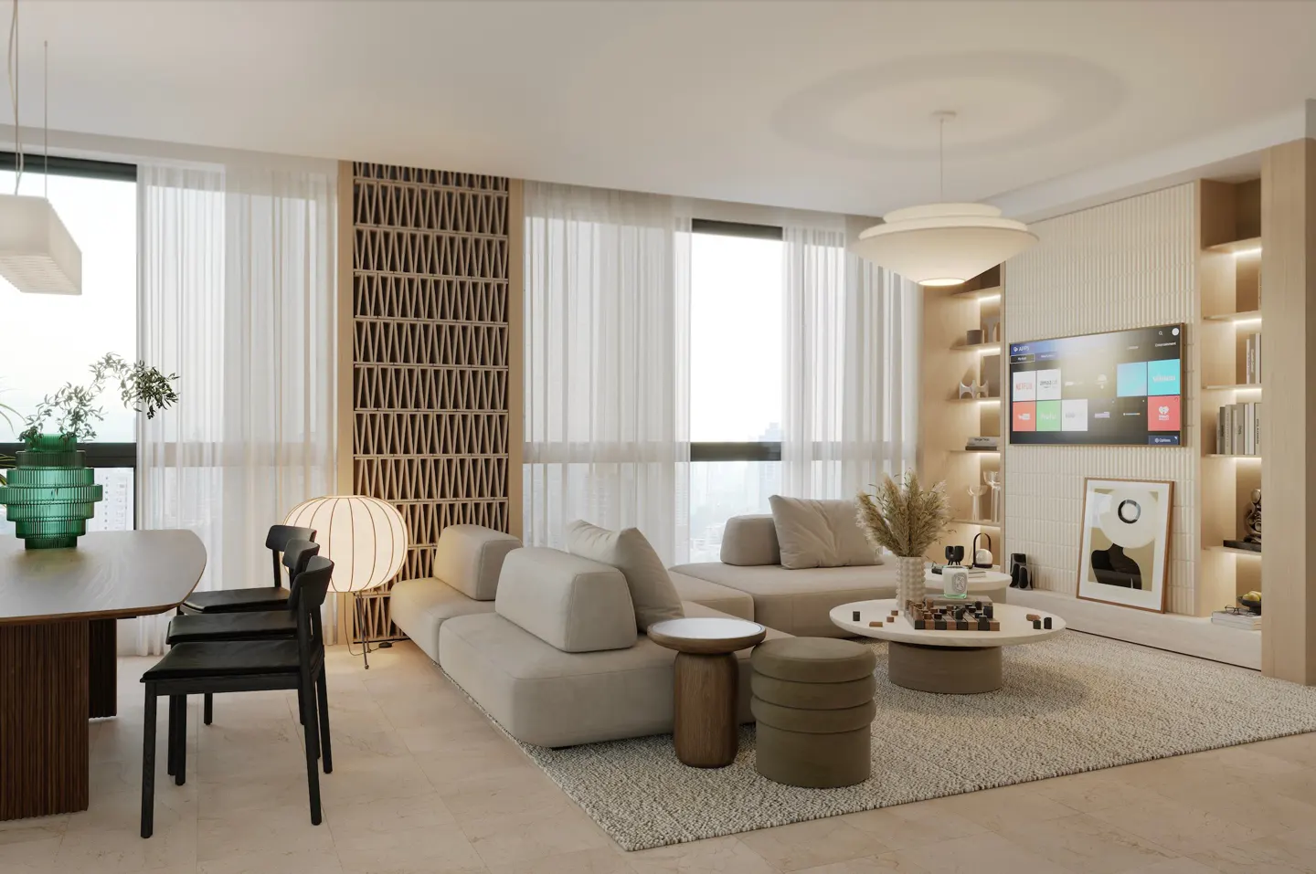 Beige living room with a sectional sofa, round coffee table, and a dining table with black chairs. A large window provides natural light.