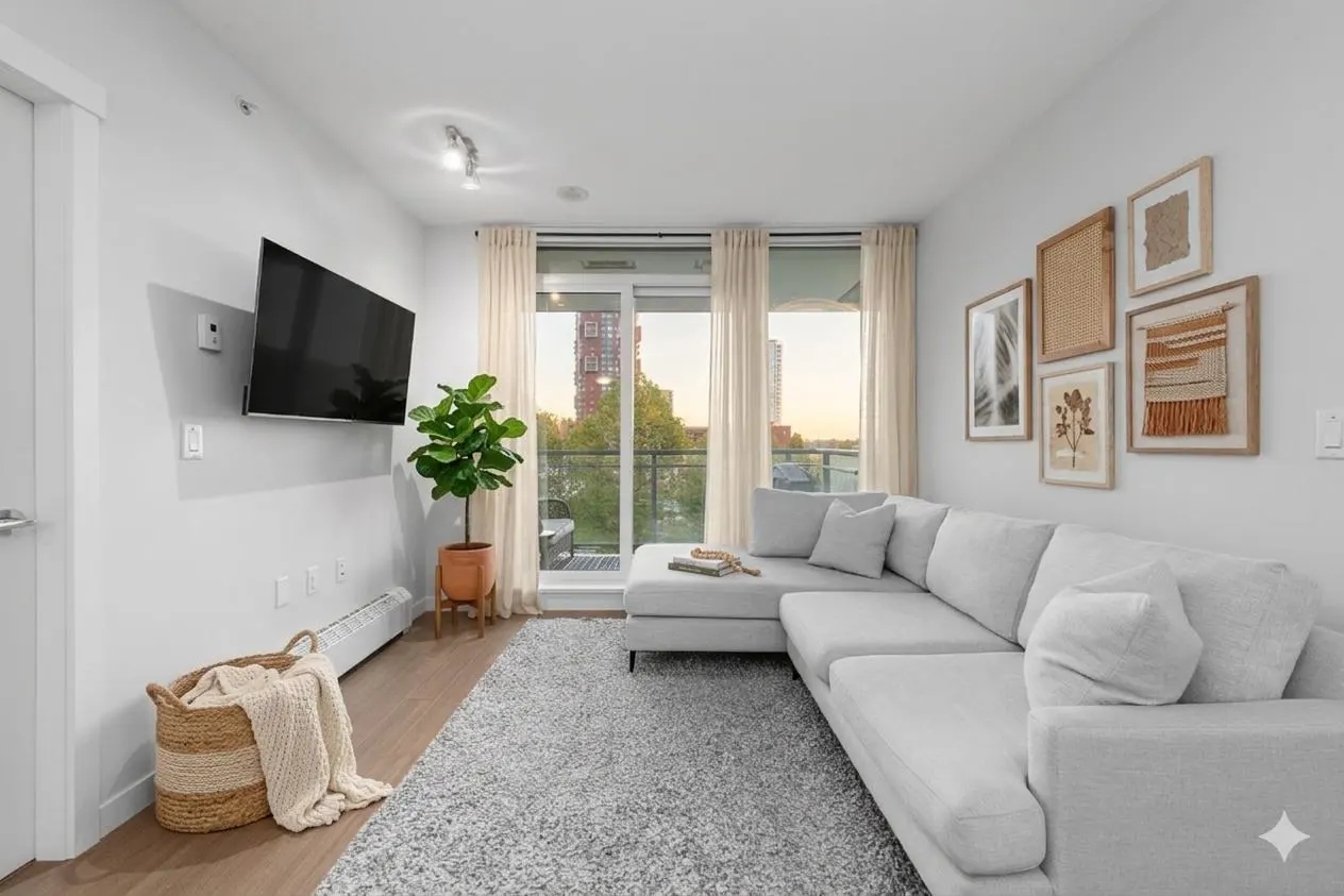 Bright living room with a gray sectional sofa, TV, and balcony. Artwork hangs on the white wall. A plant and basket add warmth.