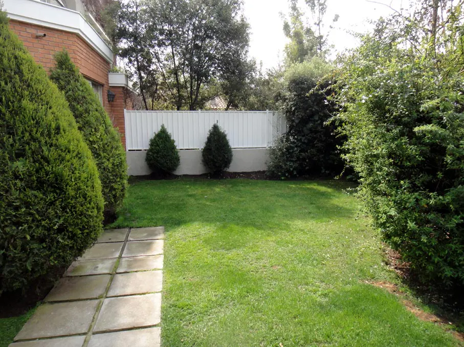 A backyard with a green lawn, trees, and a white fence. A stone path leads to the lawn.
