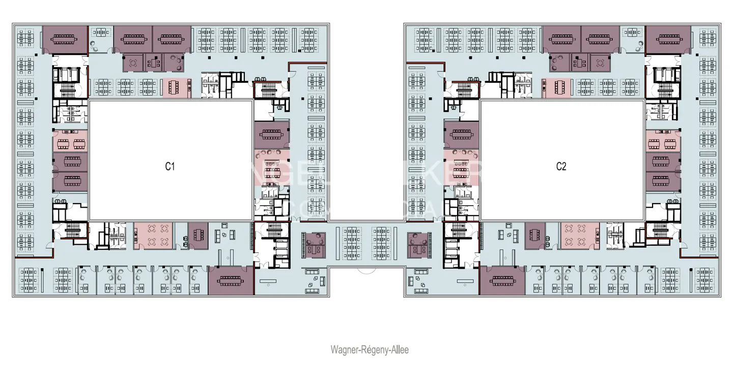 Floor plan of two square buildings, C1 and C2, connected by a central corridor. Each building has an open courtyard and office spaces.