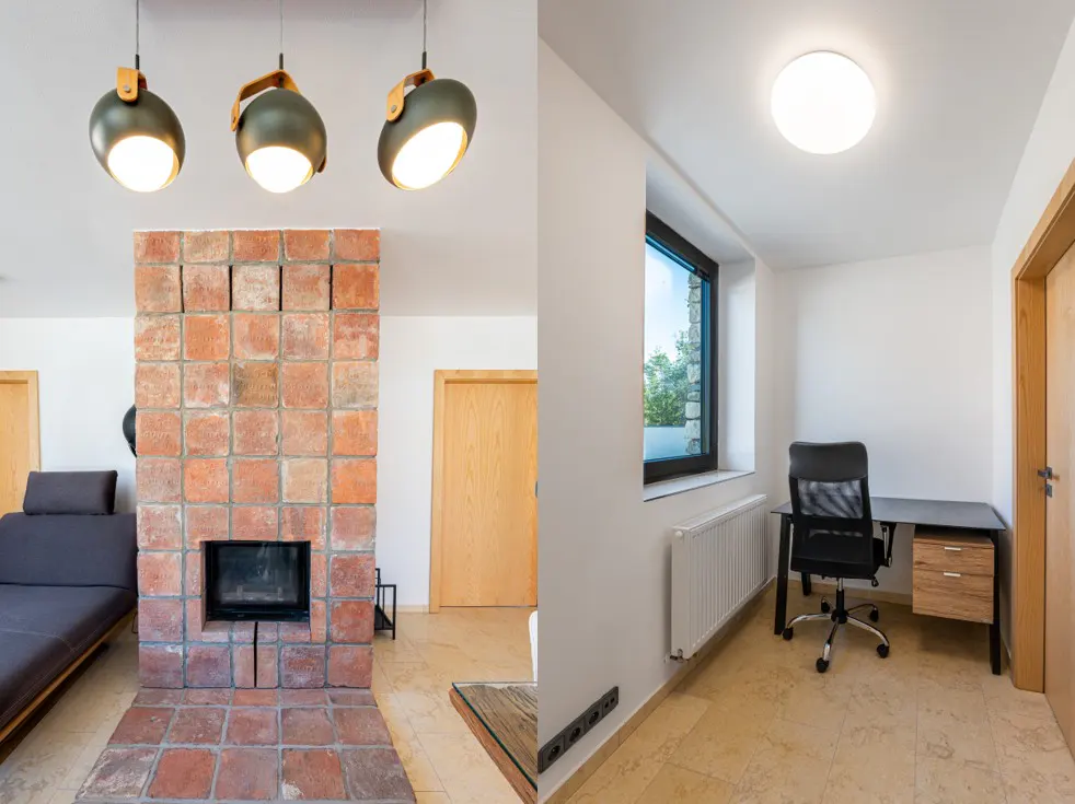 Split view of a home interior: a brick fireplace with pendant lights and a home office with a desk and window.