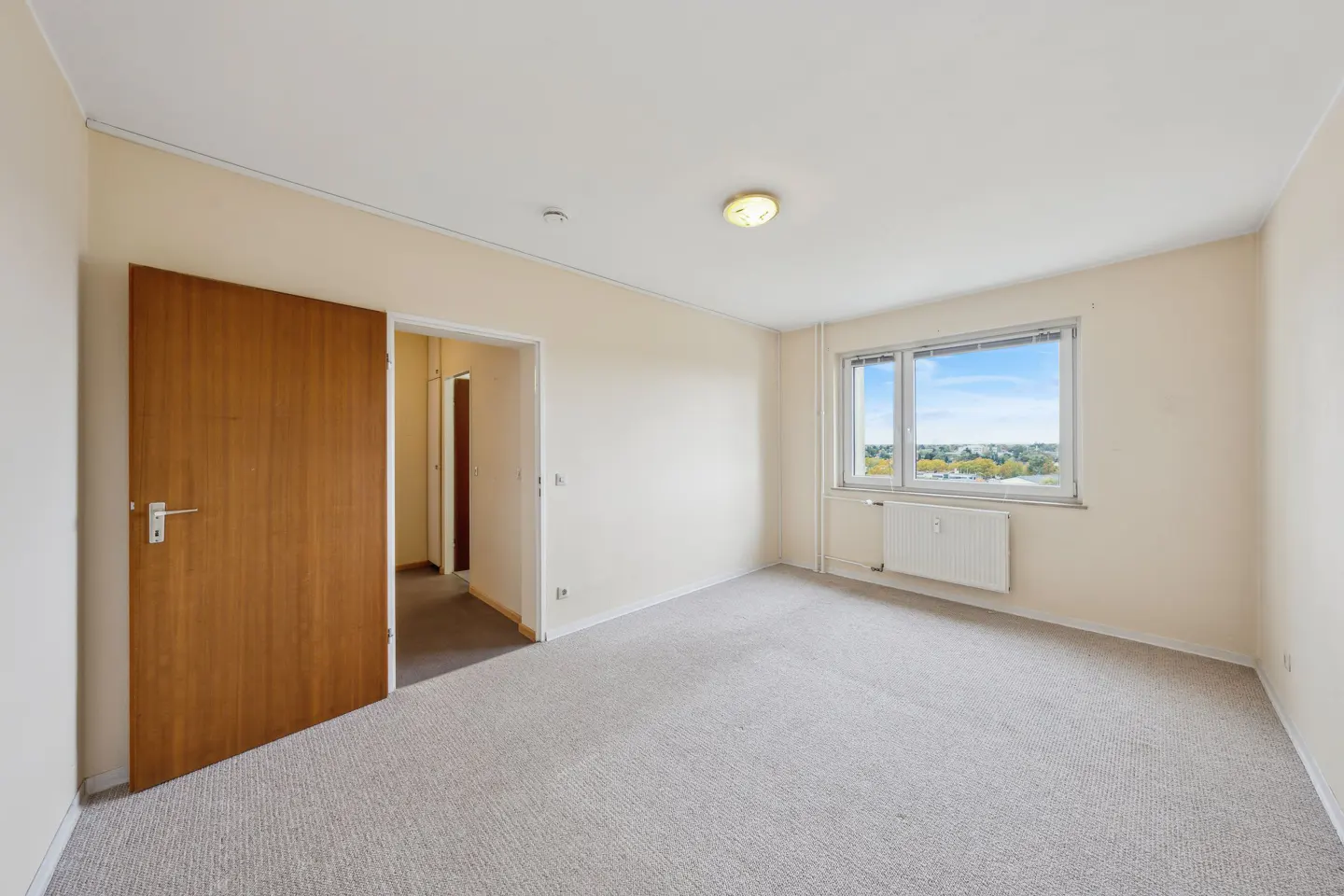 Bright, empty room with beige walls, gray carpet, and a wood door. A window shows a view of trees and blue sky.