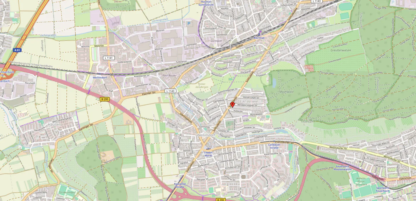 Map view of Weilimdorf, Germany, with a red pin marking a location in a residential area near a forest.