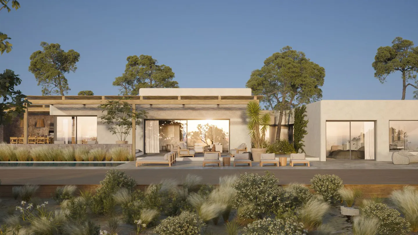 Modern home exterior with a patio, lounge chairs, and native plants under a clear blue sky.