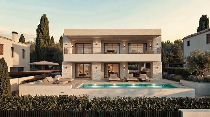 Modern two-story villa with a swimming pool, lounge chairs, and balcony, surrounded by lush greenery at sunset.