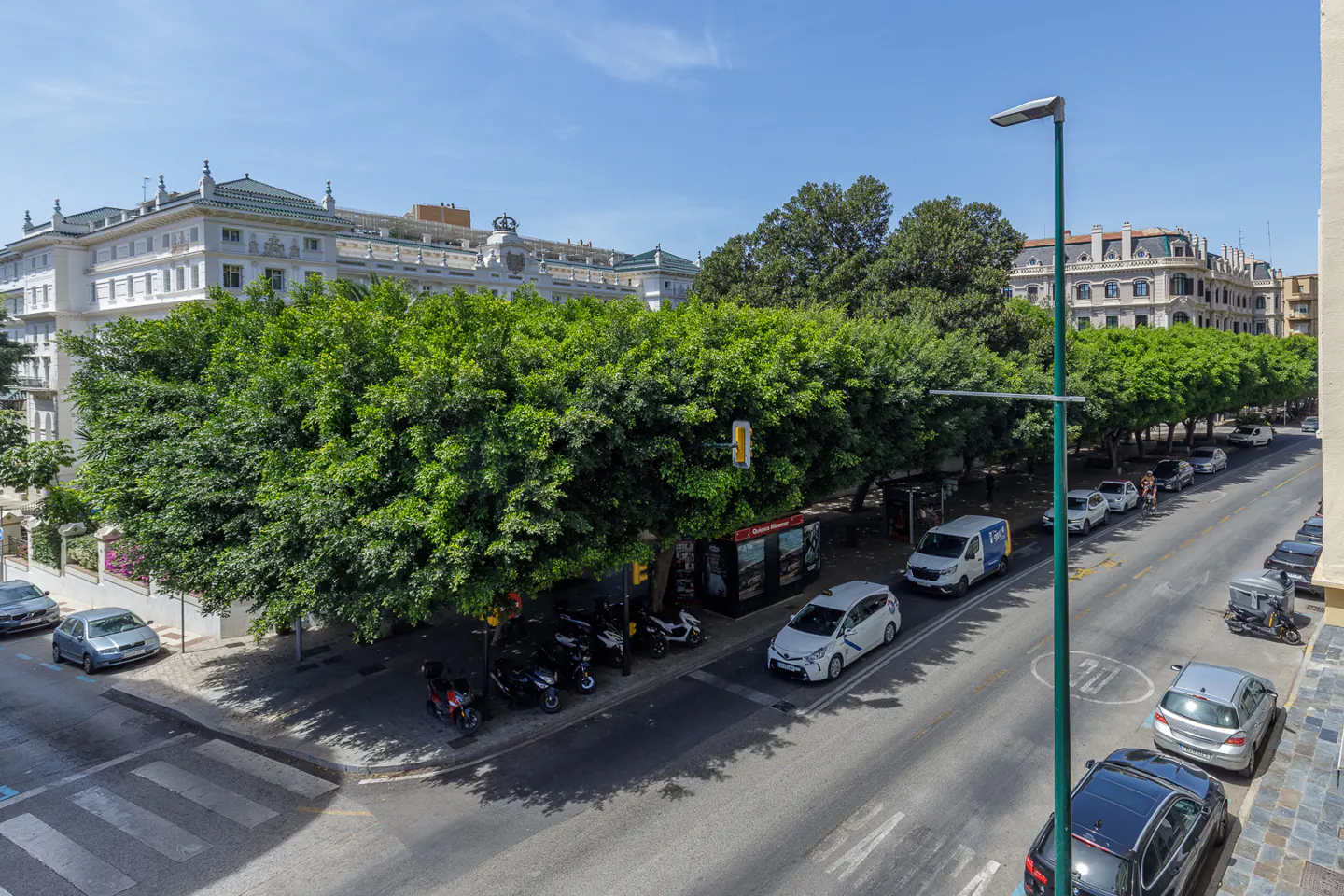 High-angle view of a sunny city street lined with lush green trees, parked cars, and historic white buildings.