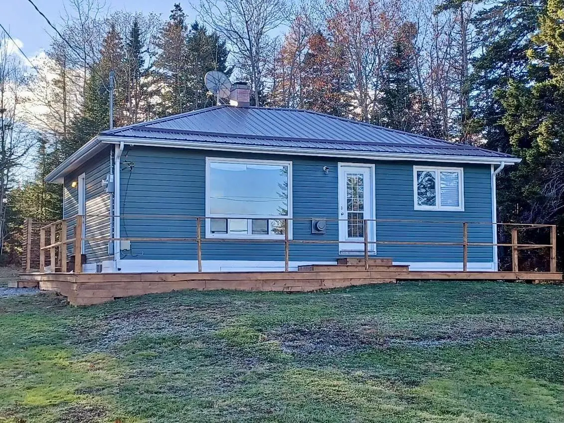 Exterior of a blue, one-story house with a metal roof, a wooden deck, and a green lawn.