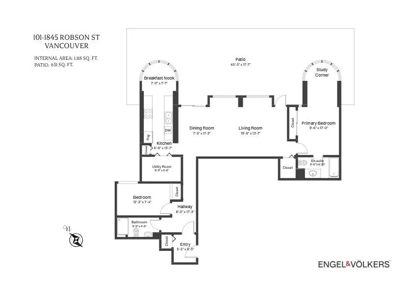 Floor plan of a condo at 101-1845 Robson St, Vancouver, featuring a kitchen, living room, bedroom, and patio.