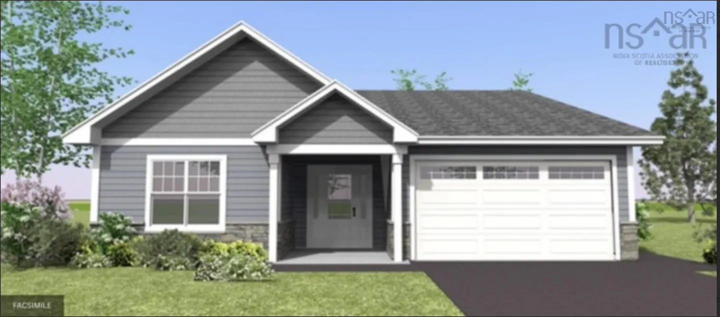 A gray, one-story house with a white garage door, green lawn, and trees.
