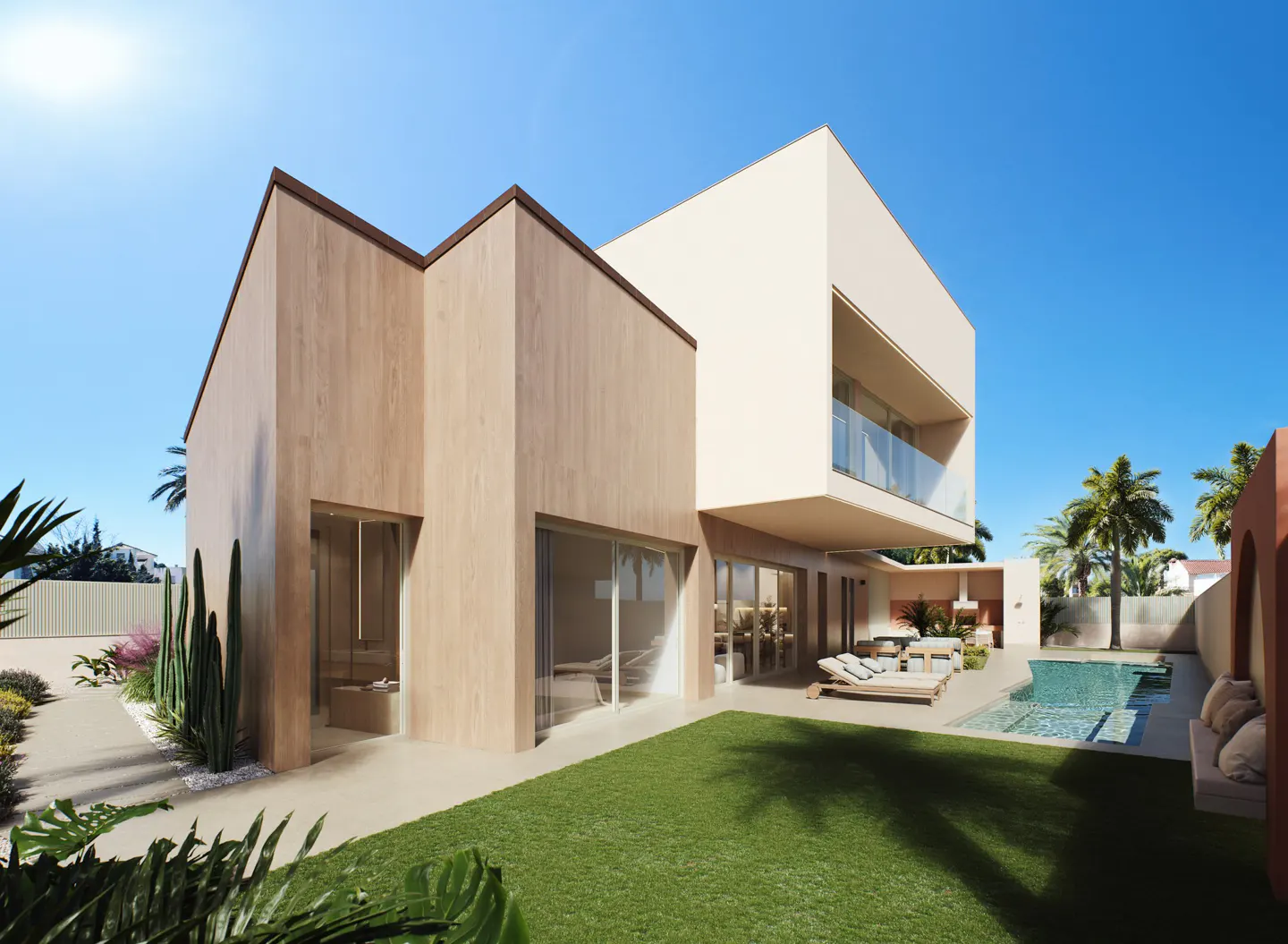 Modern two-story house with a pool and green lawn under a clear blue sky. The house has wood and white walls with large glass windows.