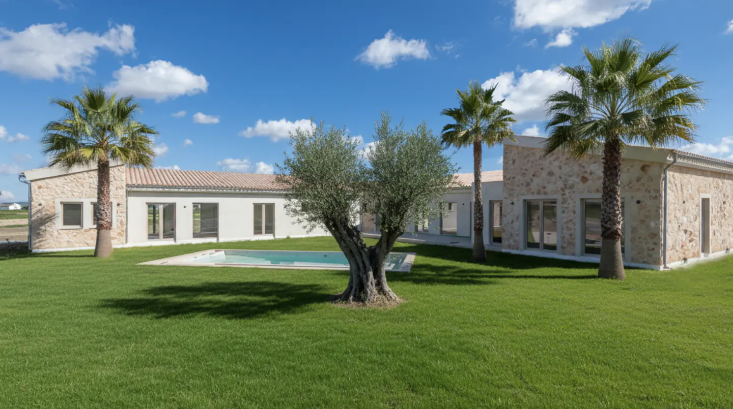 Exterior view of a one-story house with a pool, palm trees, and a green lawn under a blue sky.