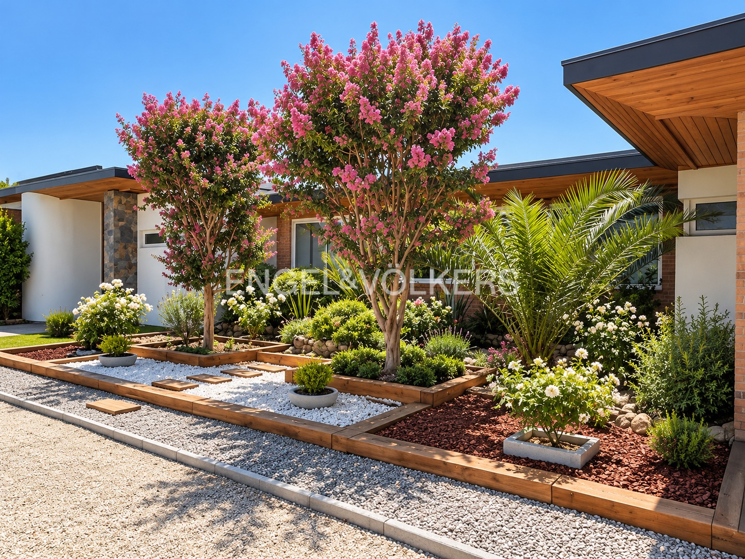 Modern home exterior with a landscaped garden featuring pink crape myrtle trees, white gravel, and wood-framed flower beds. [AI-generated text]