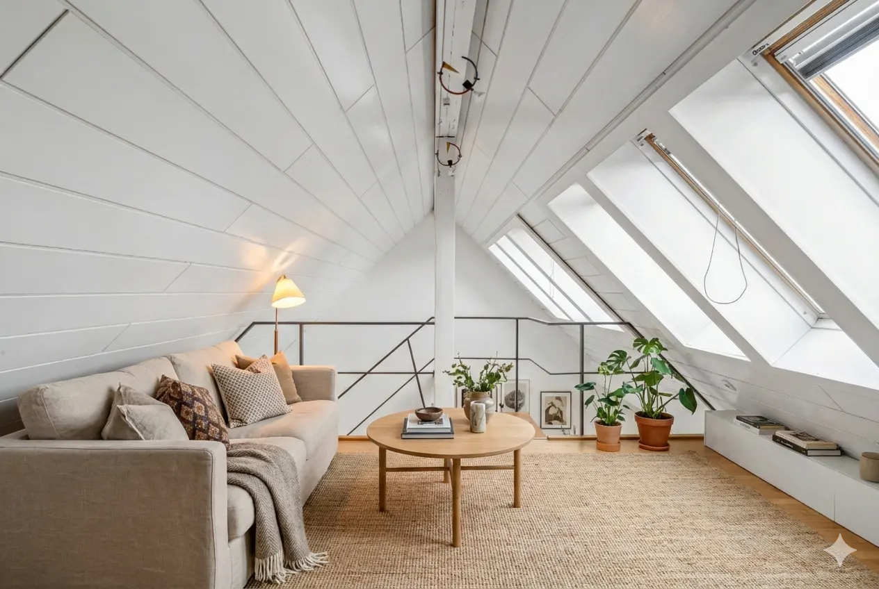 Attic living room with white walls, skylights, and a beige sofa. A round wooden table sits on a jute rug, with plants and decor adding warmth.