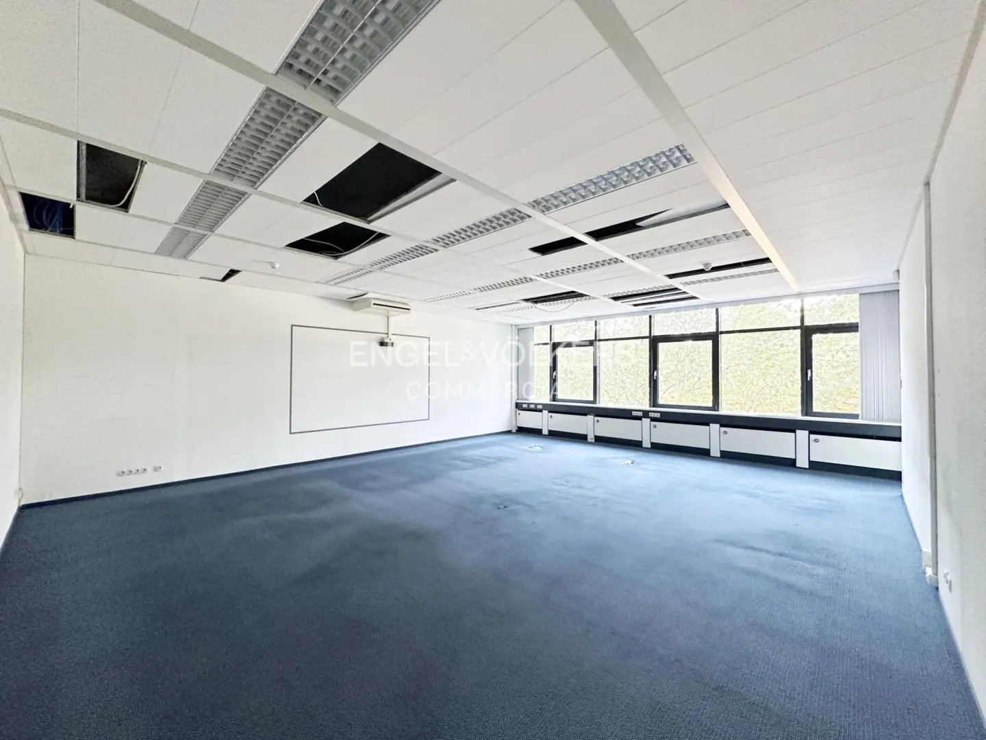 Empty office space with blue carpet, white walls, and a suspended ceiling with missing tiles. A whiteboard and projector are on one wall, with windows on another.