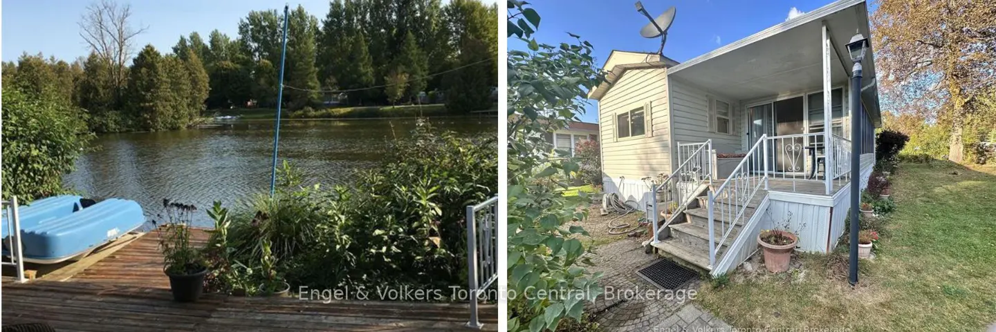 Two-panel image: left, a lake with a blue boat on a wooden dock; right, a beige house with stairs and a porch.
