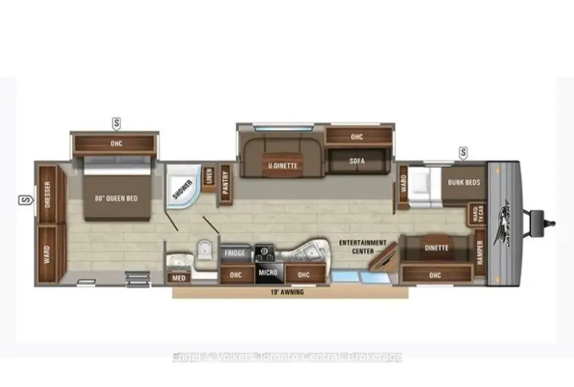 Floor plan of a Jay Flight travel trailer with a queen bed, bunk beds, dinette, sofa, kitchen, and bathroom.