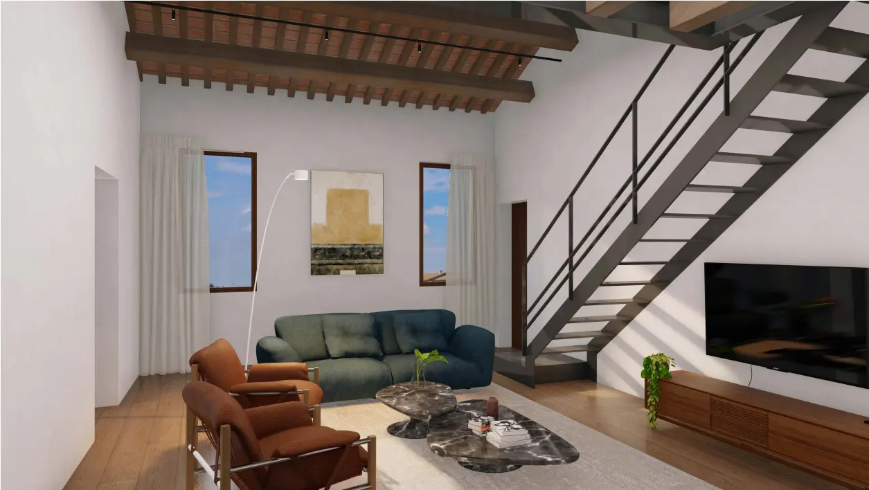 Living room with exposed beams, white walls, and a metal staircase. A blue sofa and brown chairs sit on a light rug. A TV is mounted on the wall.