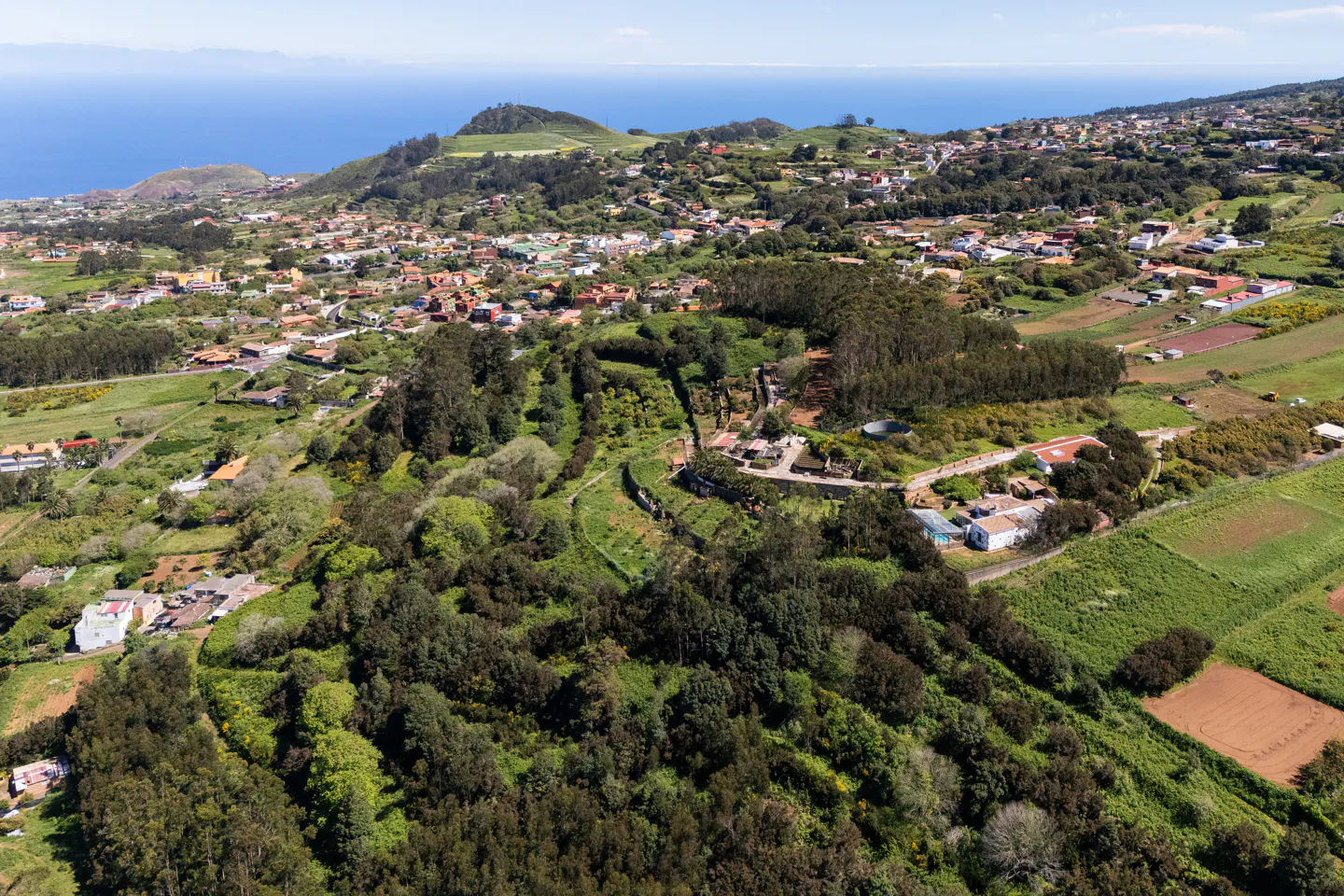 Aerial view of a lush green hillside with scattered houses, trees, and farmland, with the blue ocean visible in the background.