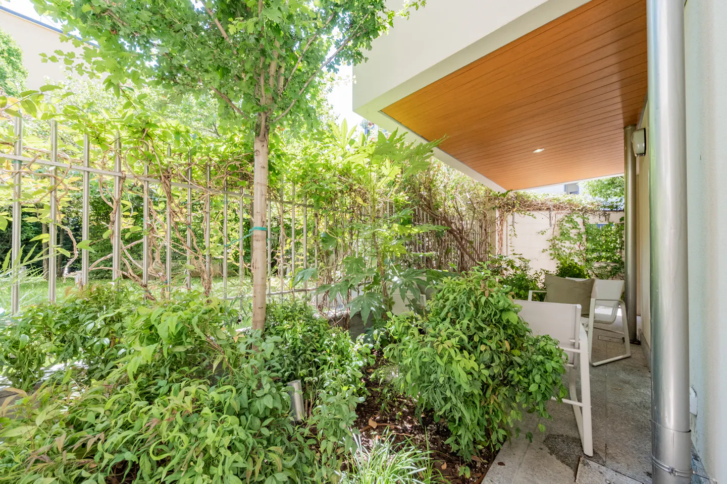 Outdoor patio with white chairs, green plants, and a metal fence. The patio has a wood ceiling and a stone floor.