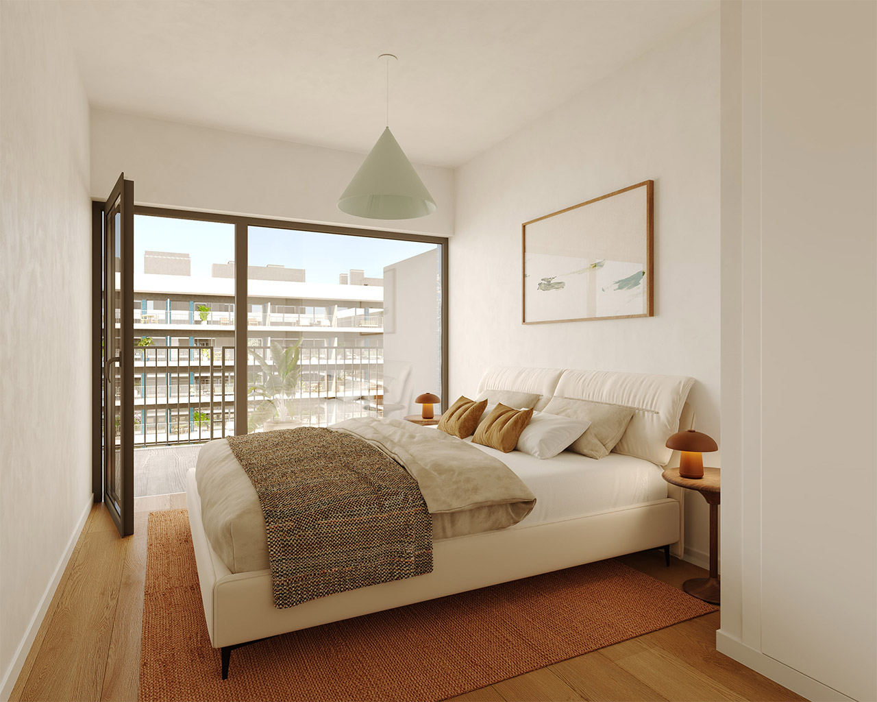 Bright bedroom with white walls, a large bed with brown accents, and a balcony view of a modern building. A cone-shaped lamp hangs above.