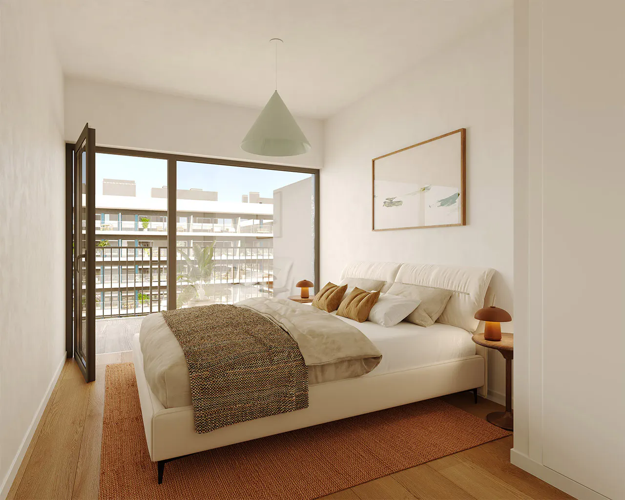 Bright bedroom with white walls, a large bed with brown accents, and a balcony view of a modern building. A cone-shaped lamp hangs above.