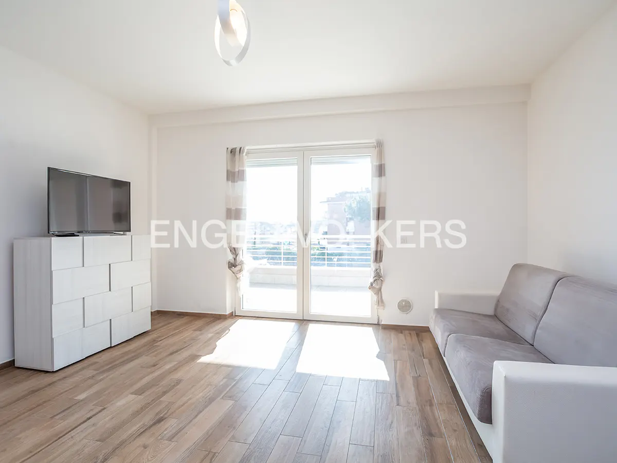 Bright living room with wood floors, white walls, and a gray sofa. A TV sits atop a white dresser. Balcony doors let in natural light.
