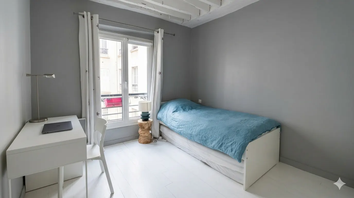 Small bedroom with grey walls, white floors, a single bed with a blue duvet, a white desk, and a window with curtains.