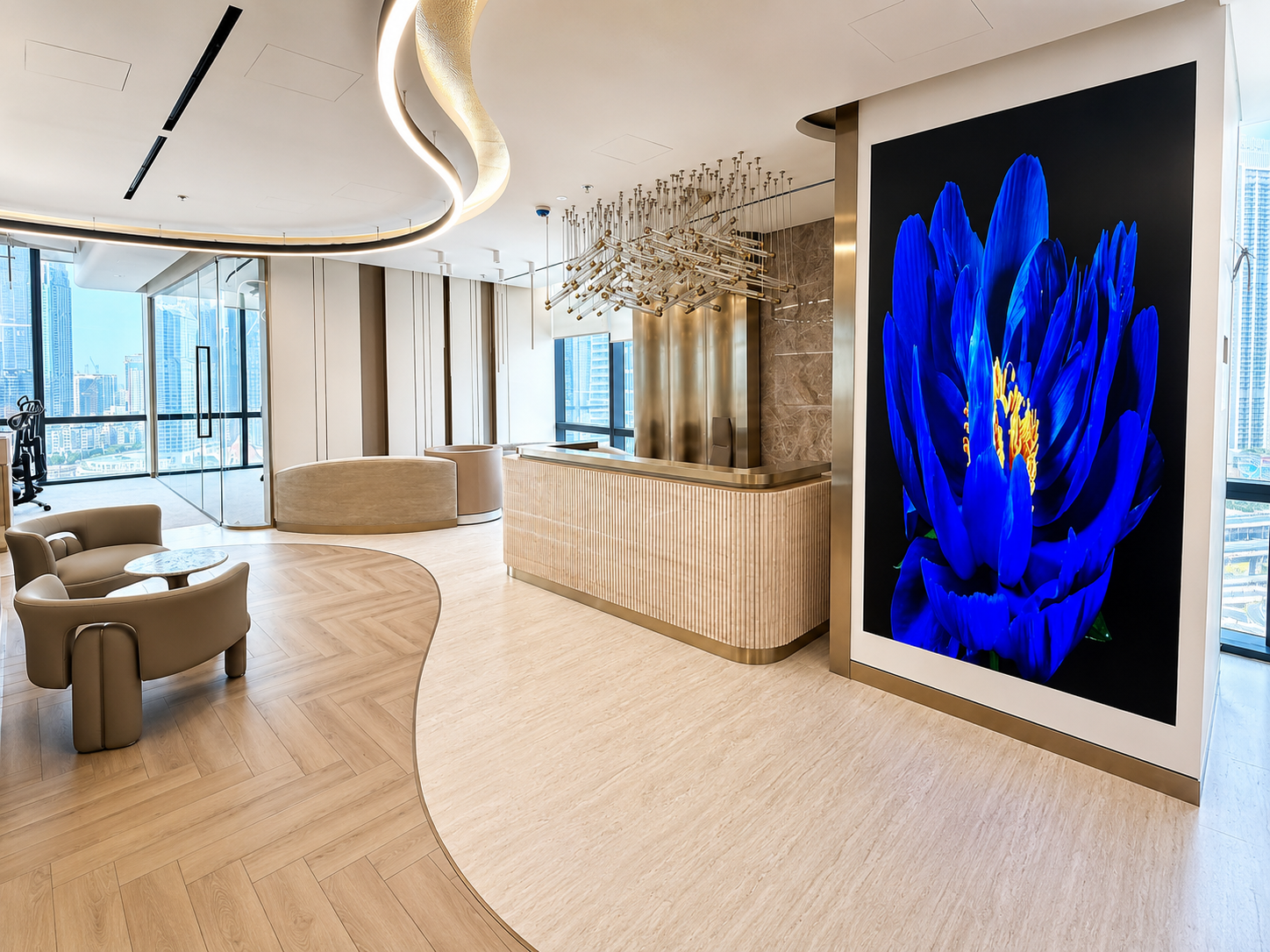 Modern office lobby with a curved reception desk, beige lounge chairs, and a large wall art piece of a vibrant blue flower. [AI-generated text]