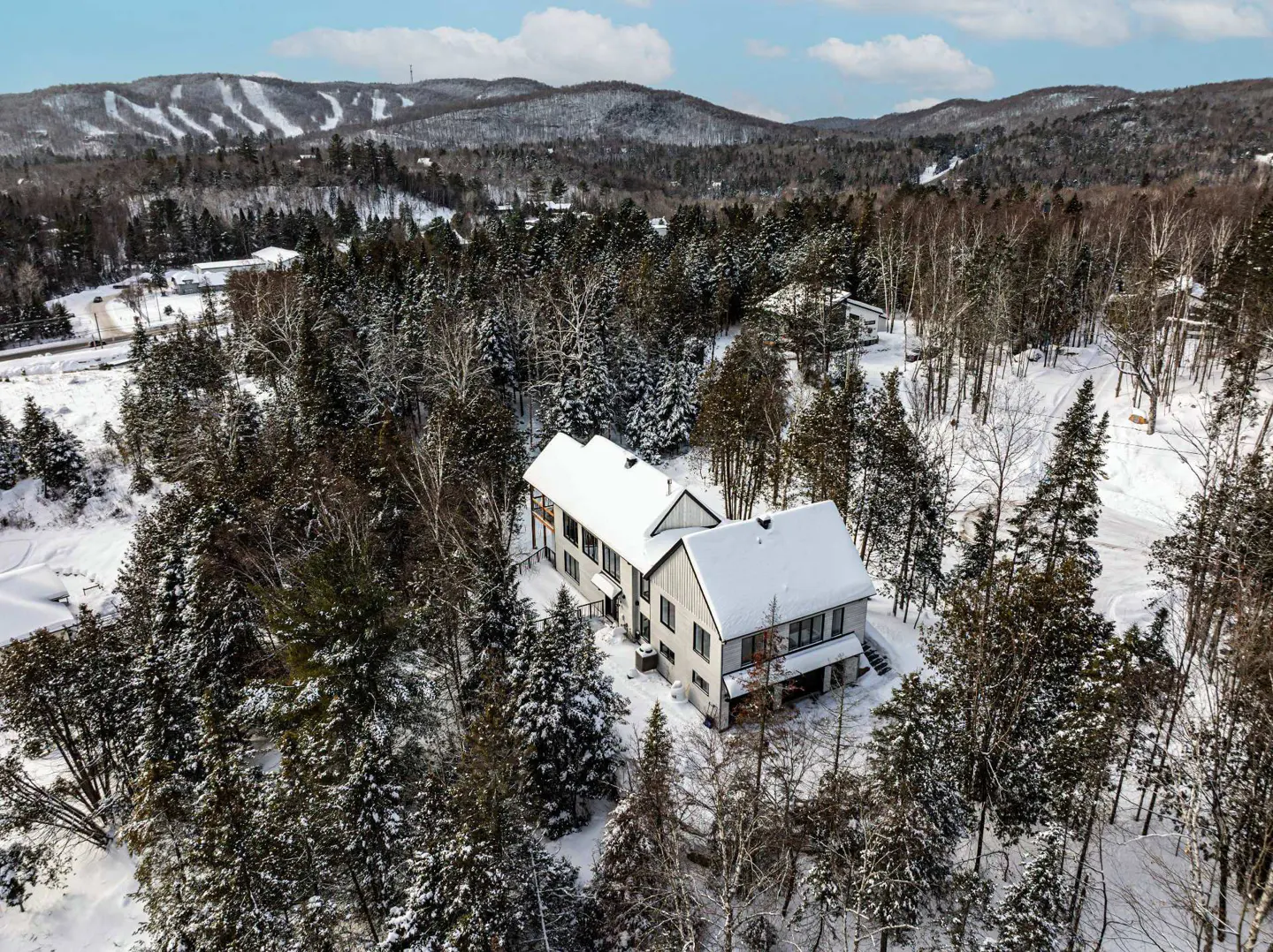 Aerial view of a modern gray house with a snow-covered roof, surrounded by snow-covered trees and mountains in the background.