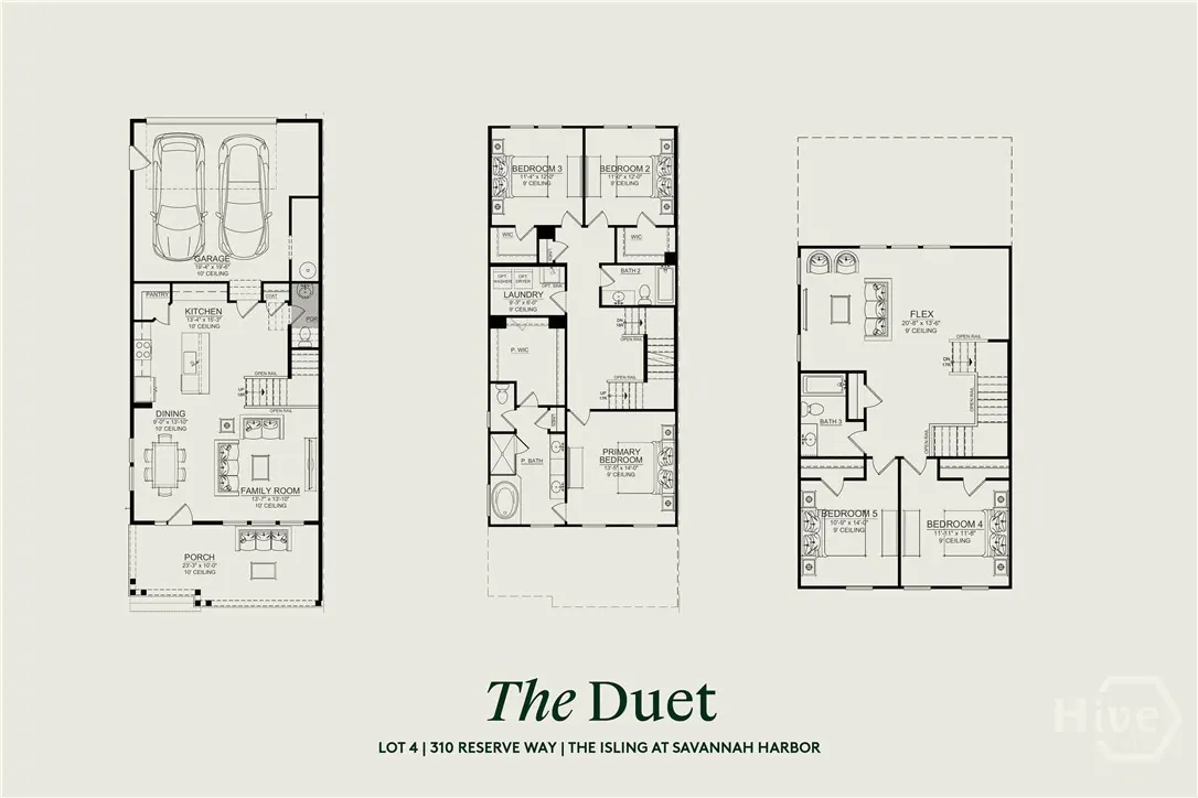 Floor plan of "The Duet" house model, featuring a garage, kitchen, bedrooms, laundry, and flex room.