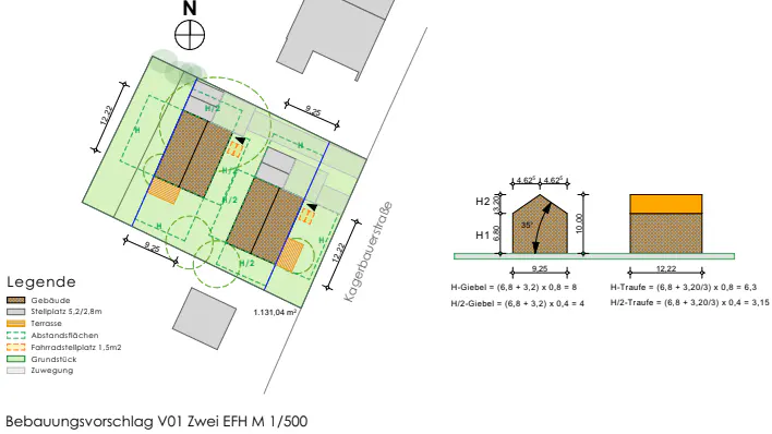 Site plan and elevation drawing for two residential buildings, including dimensions, legend, and property layout.