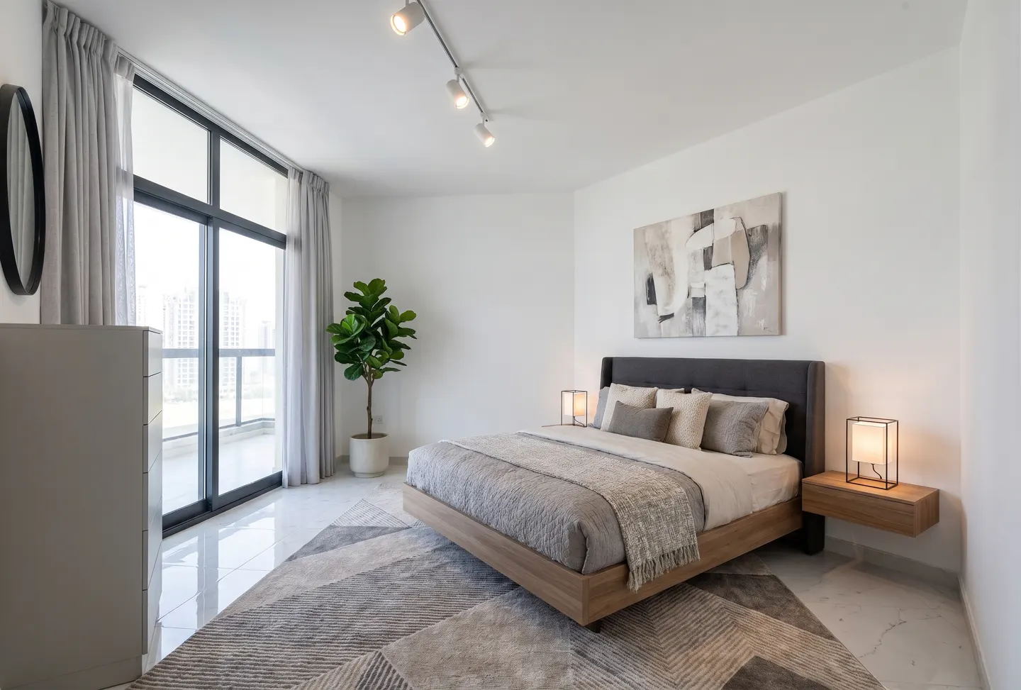 Bright bedroom with a gray upholstered bed, wood frame, and neutral bedding. A large window, plant, and abstract art add to the modern aesthetic.