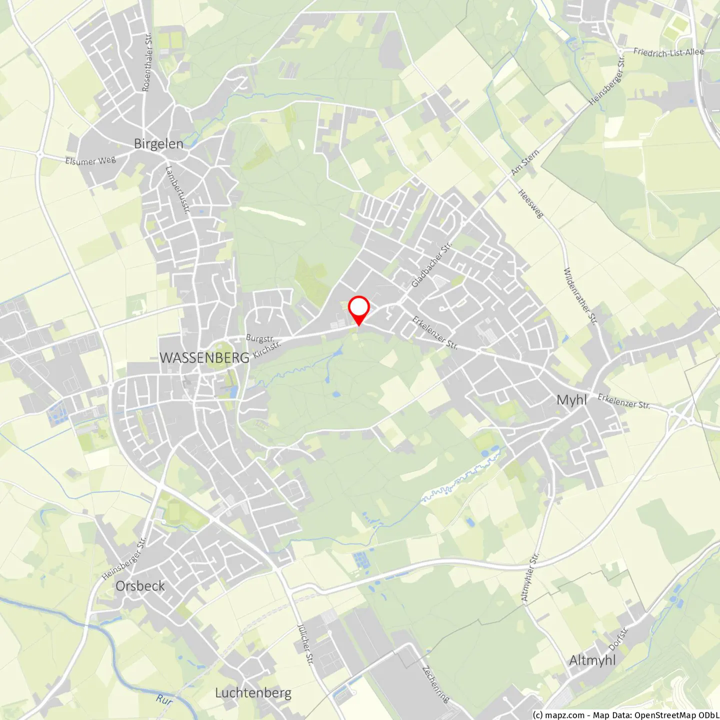 Map view of the Wassernberg area, Germany, with a red pin marking a location near a green space.