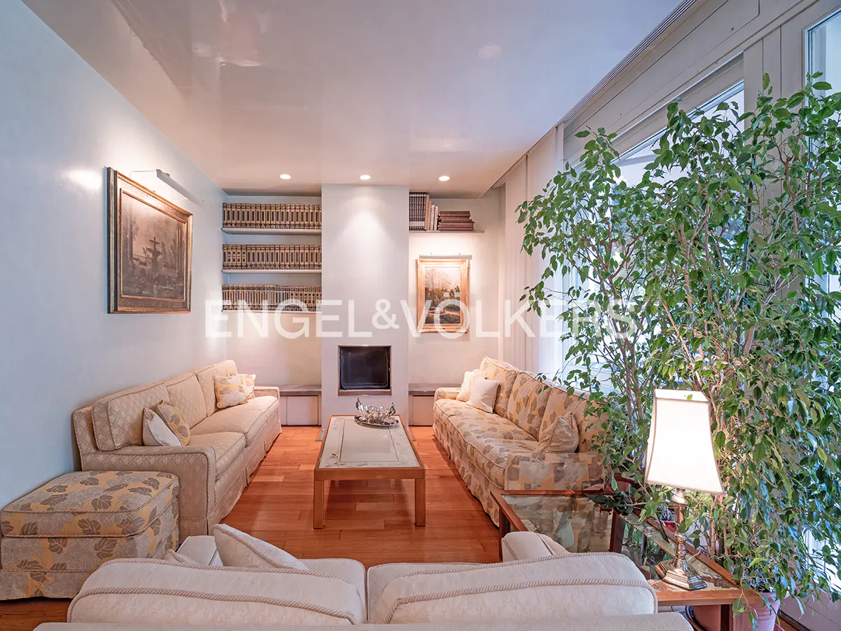 Living room with hardwood floors, sofas, a fireplace, and built-in bookshelves. A large ficus tree stands near a window.