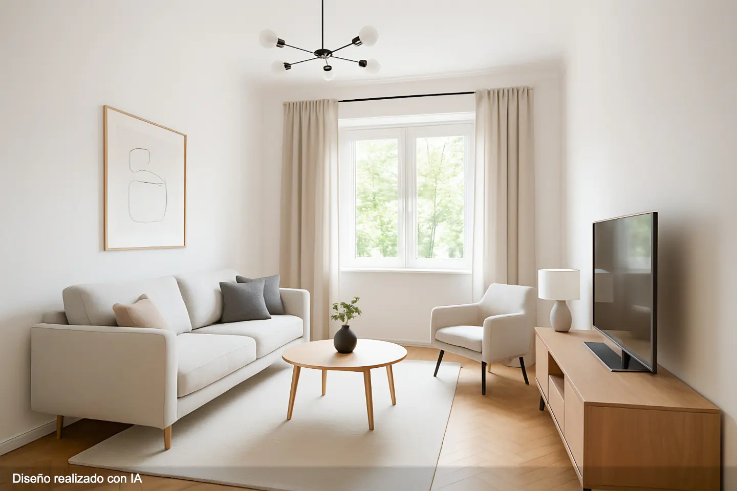 Bright living room with a white sofa, armchair, round wood table, and TV. A black chandelier hangs from the ceiling.