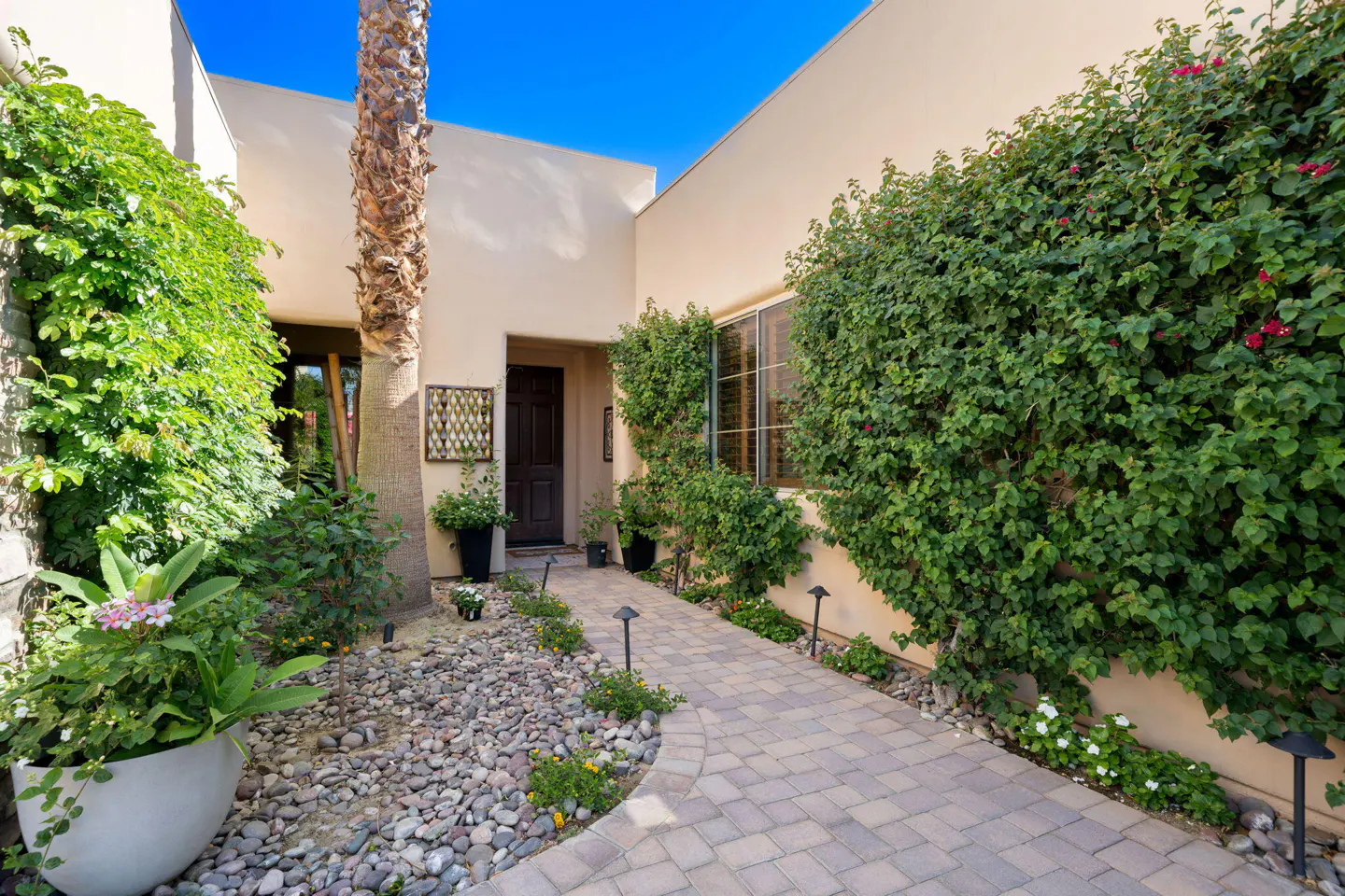 A stone paver walkway leads to a dark front door, flanked by lush green vines and a palm tree against a clear blue sky.