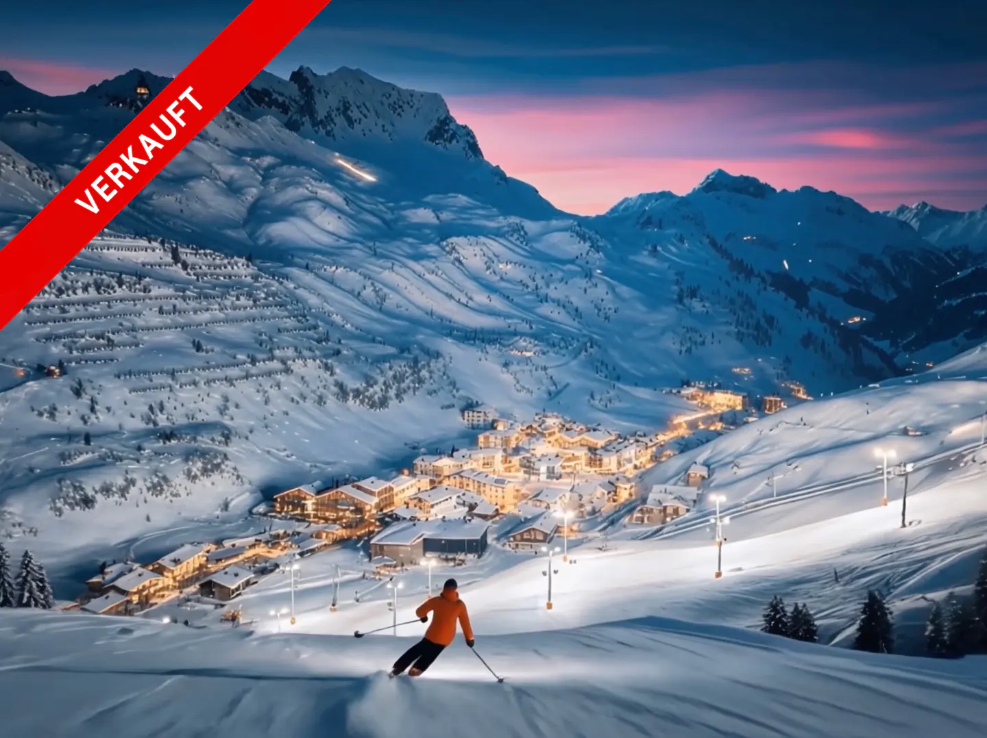 A skier in orange jacket skiing down a snowy slope, with a village and mountains in the background at dusk. "VERKAUFT" banner on top left.