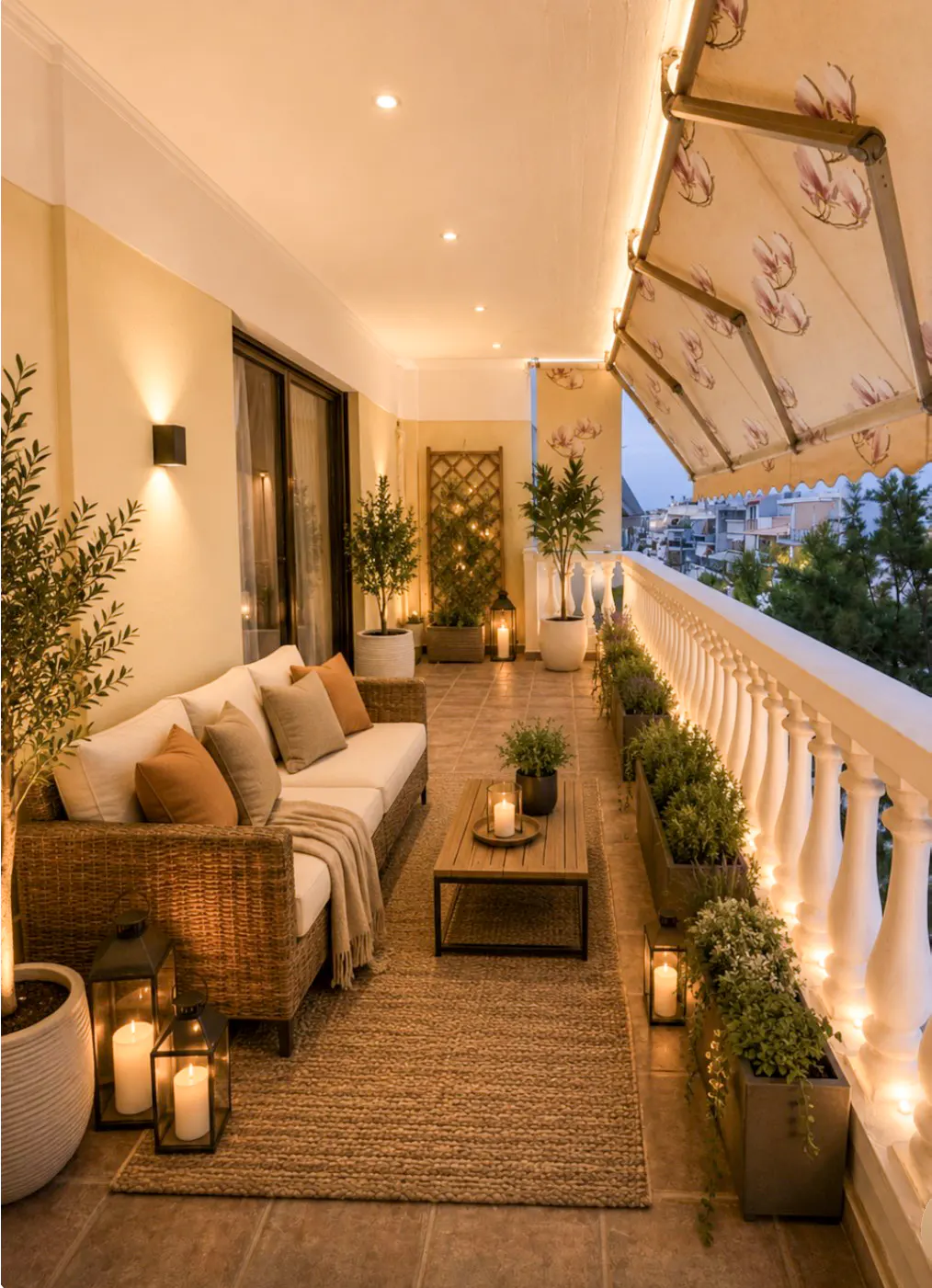 Cozy balcony at dusk with wicker sofa, coffee table, potted plants, warm lighting, and a floral patterned retractable awning.