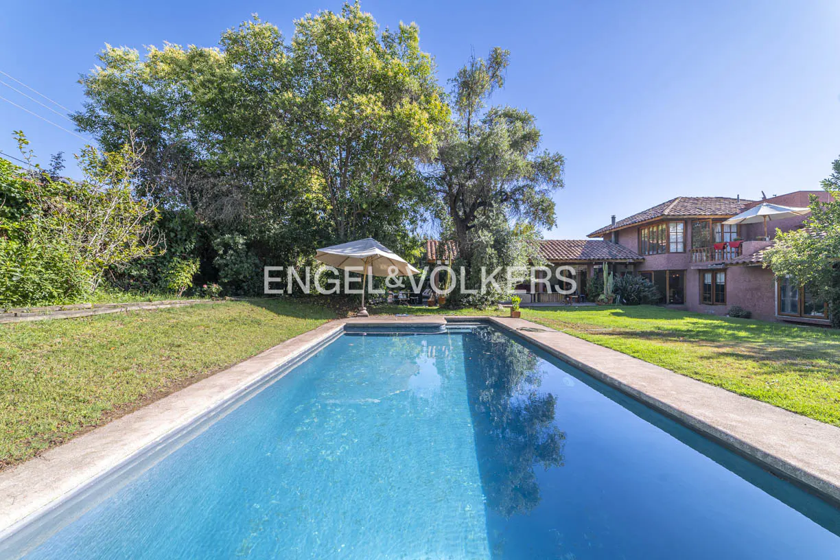A long, blue swimming pool sits in a green backyard with a house and trees in the background.