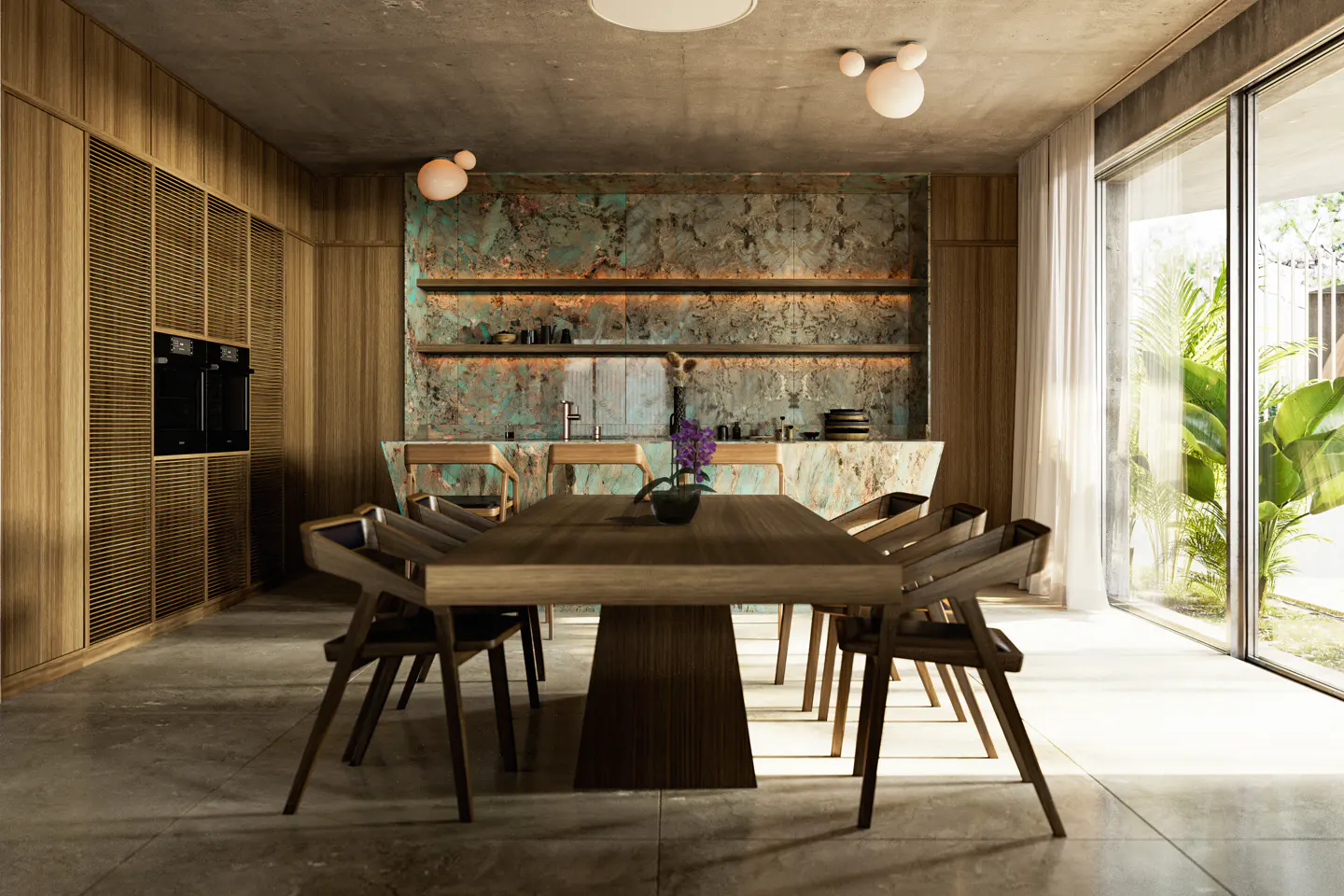 A modern dining room features a wood table with chairs, a marble backsplash, and large windows with greenery outside.