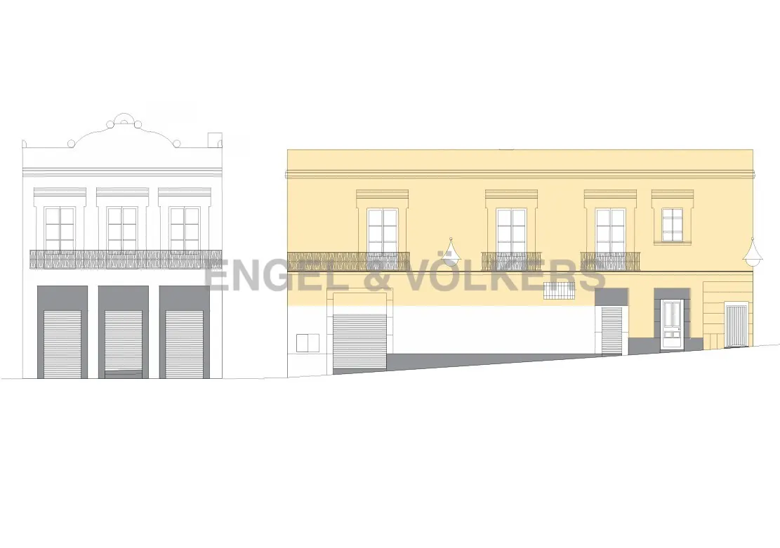 Architectural drawing of two buildings, one white and one yellow, with windows and garage doors.