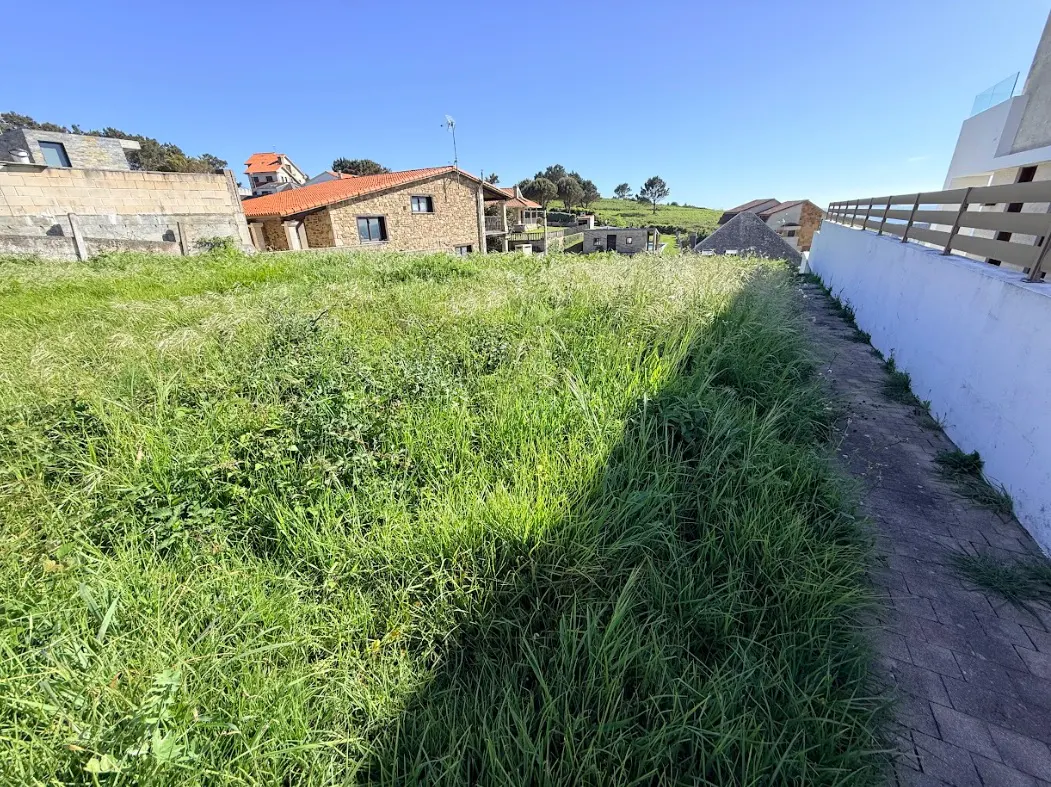 Vacant lot with tall green grass, a stone house with a red roof in the background, and a white wall with a wooden fence on the right.