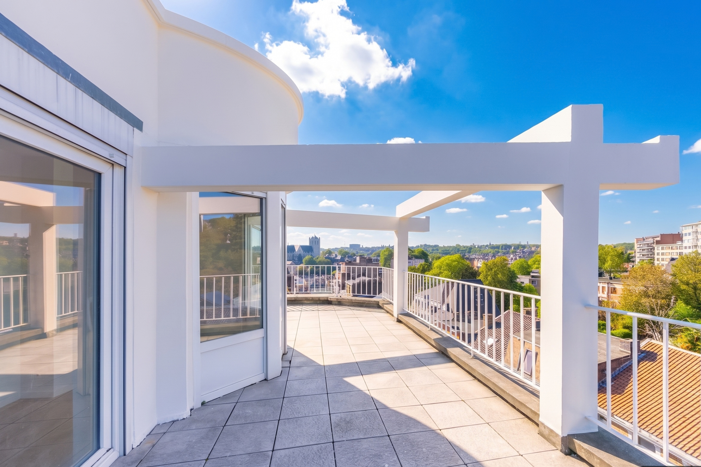 Spacious white rooftop terrace with a modern pergola, tiled floor, and panoramic city views under a bright blue sky. [AI-generated text]