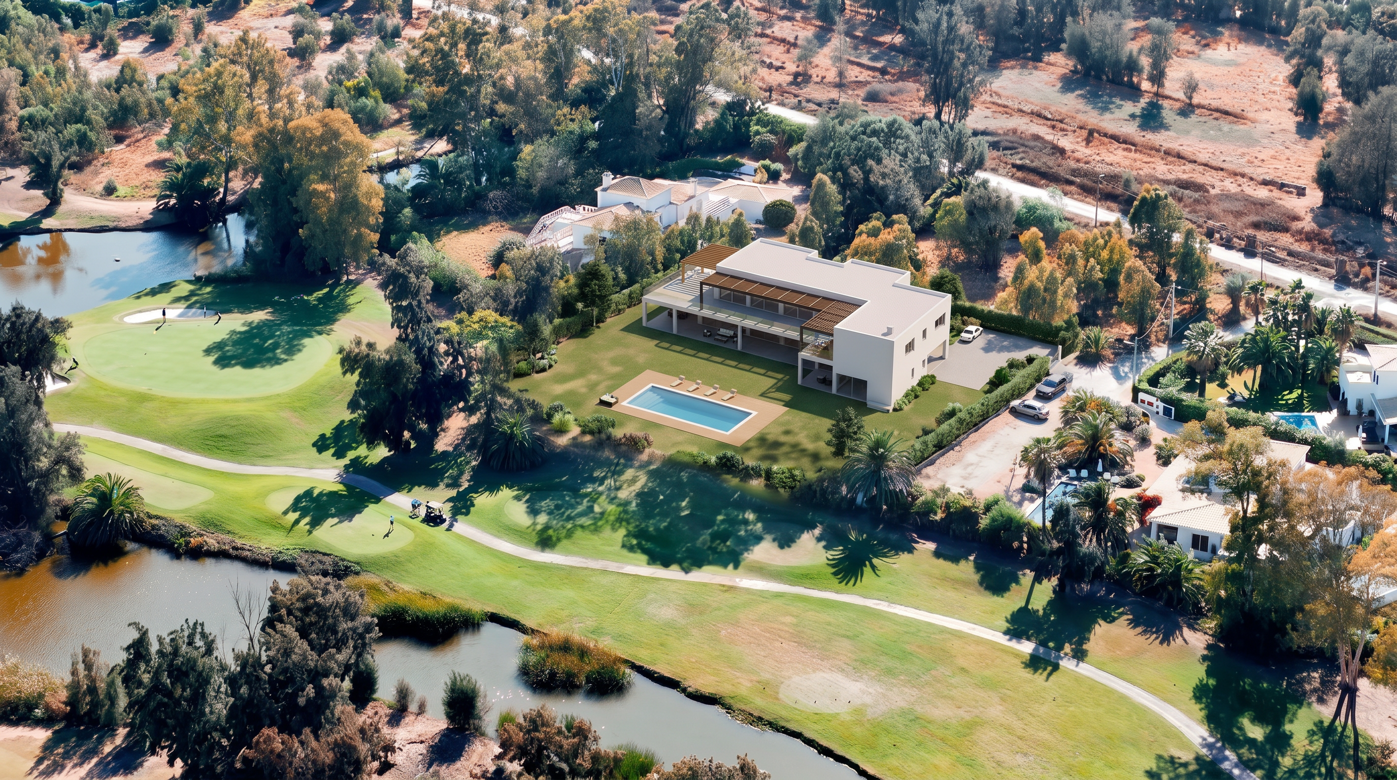 Aerial view of a modern beige house with a pool, situated next to a lush green golf course and a small lake. [AI-generated text] [AI-modified]