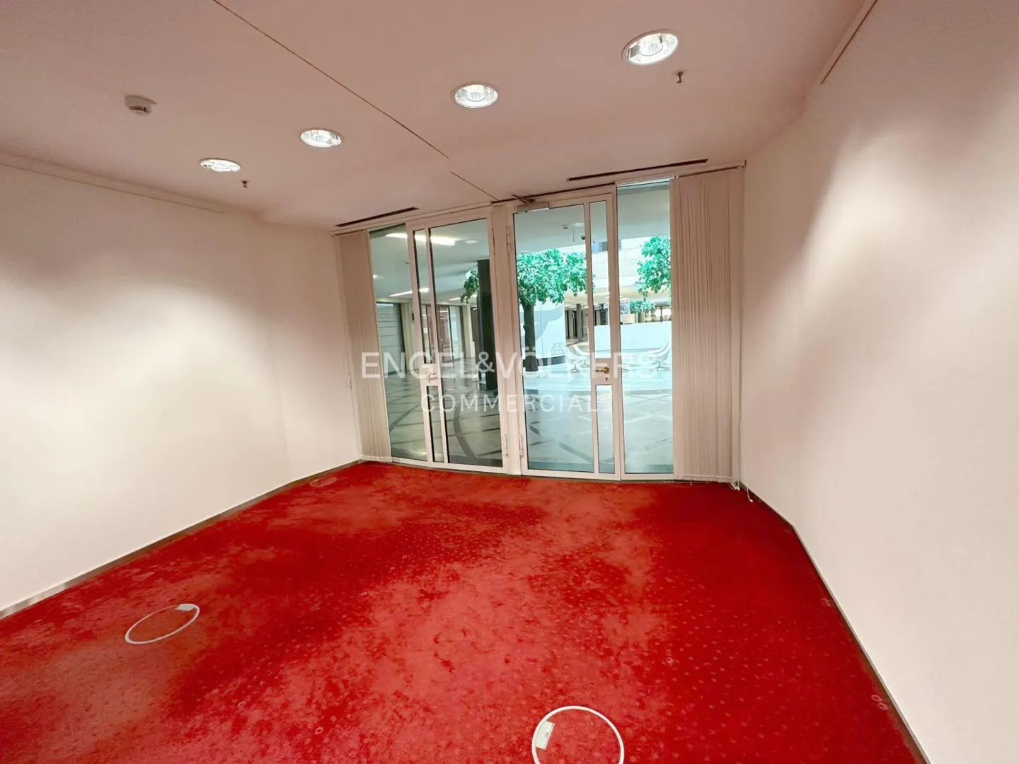Empty office space with red carpet, white walls, and glass doors leading to an outdoor area with greenery.