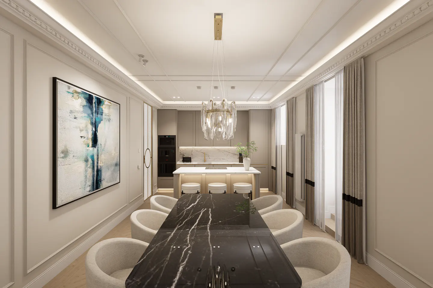 Modern dining room with a black marble table, six cream chairs, a crystal chandelier, and an open-plan kitchen background.