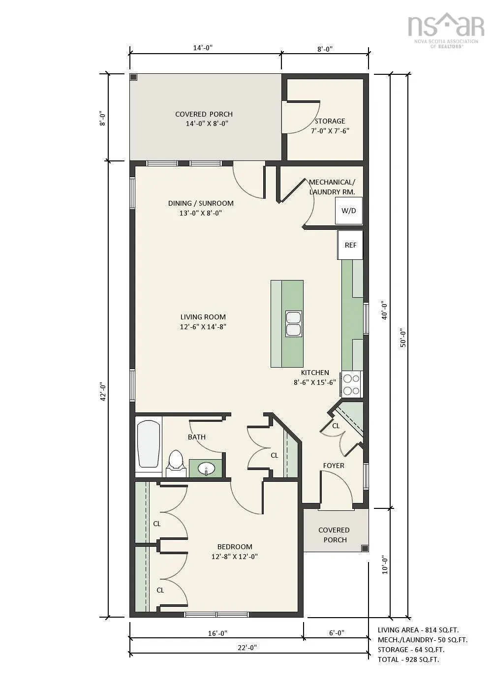 Floor plan of a one-bedroom apartment with a living room, kitchen, bathroom, and covered porch. Dimensions are noted for each room.