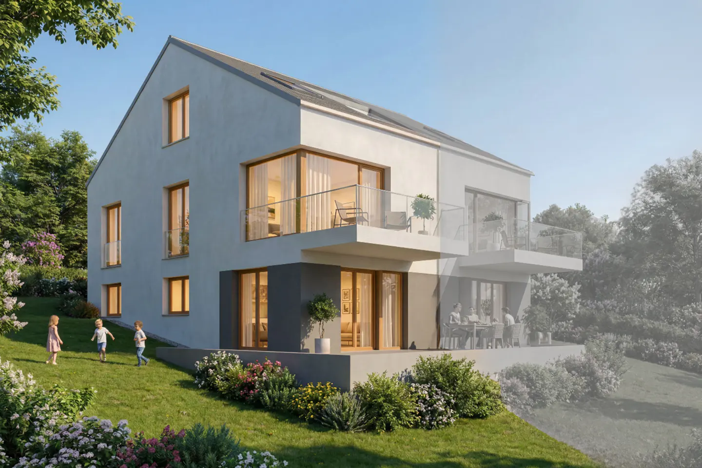 Modern white house with balconies, large windows, and three children playing on a grassy lawn with flowers.