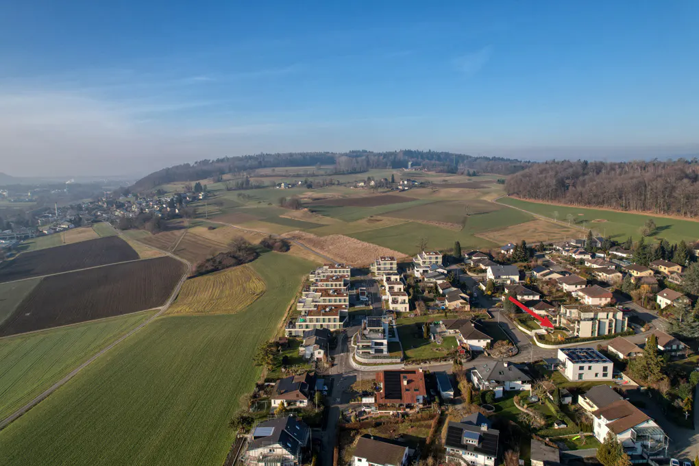 Aerial view of a residential area with houses, green fields, and a forest under a blue sky.