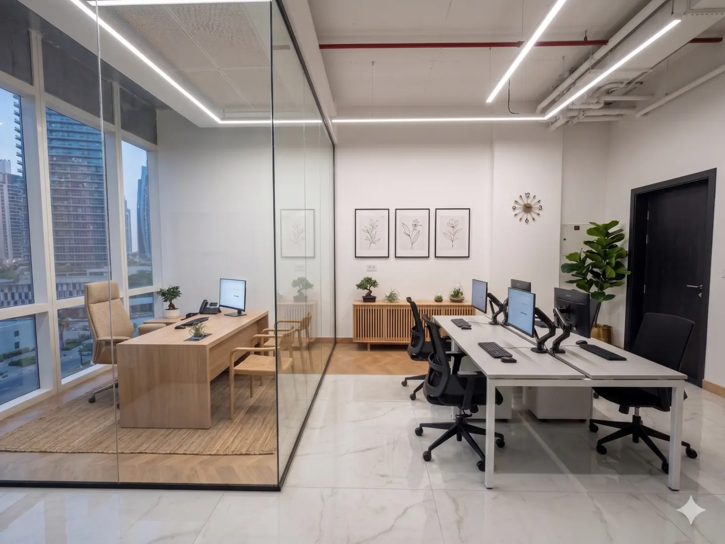Bright office space with a glass-walled room. Desks, chairs, computers, and plants furnish the modern interior. City view visible through large windows.